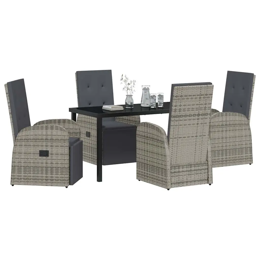 Garden Dining Set 5 Piece Grey Poly Rattan Outdoor Furniture with Tempered Glass Table and Adjustable Backrest Chairs