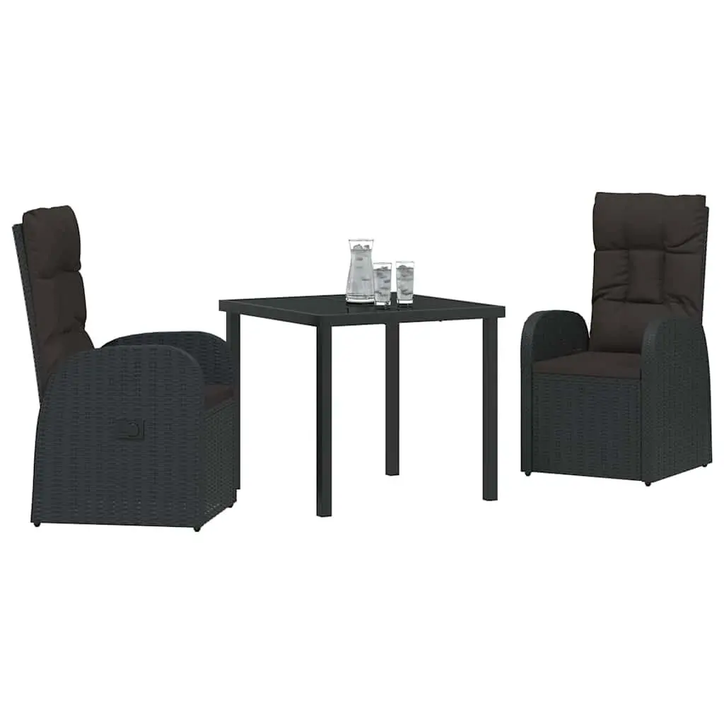 Outdoor Dining Set 3 Piece Black Rattan Garden Furniture with Tempered Glass Table and Adjustable Chairs
