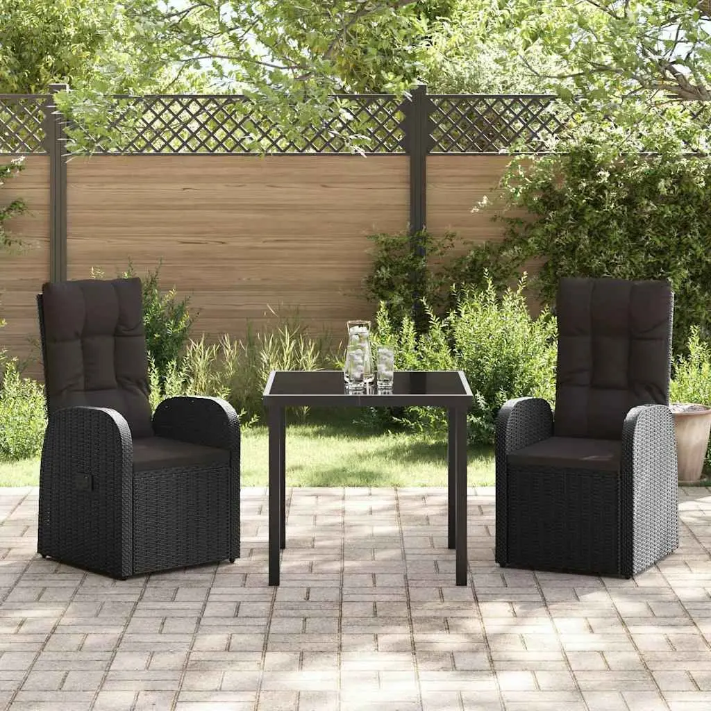 Outdoor Dining Set 3 Piece Black Rattan Garden Furniture with Tempered Glass Table and Adjustable Chairs