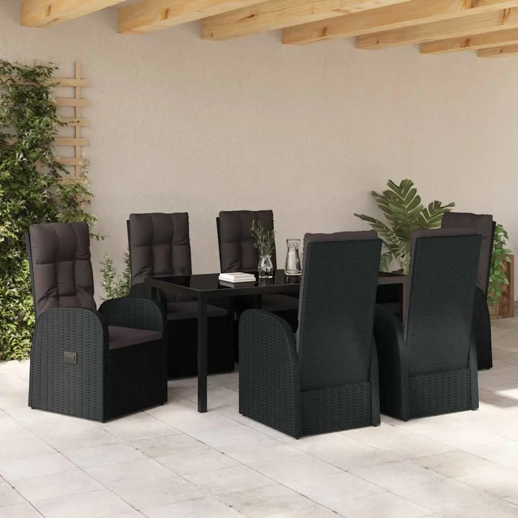 Black Poly Rattan Outdoor Dining Set 7 Piece with Tempered Glass Table and Adjustable Chairs for Garden and Patio