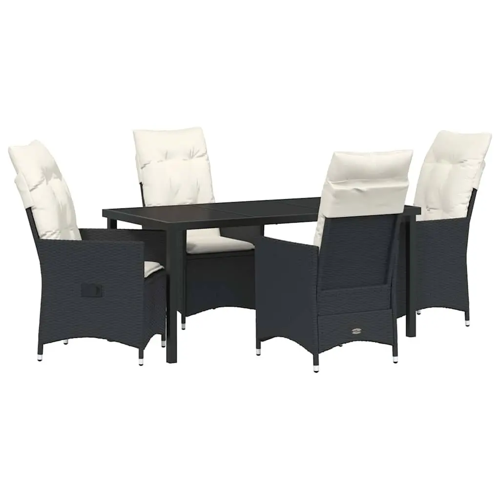Outdoor Garden Dining Set 5 Piece Black Poly Rattan with Tempered Glass Table and Cushions
