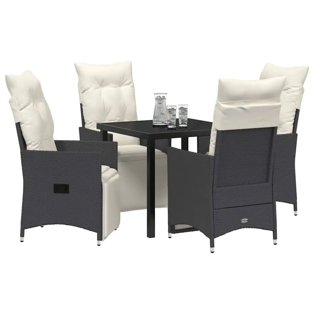 Outdoor Dining Set 5 Piece Black Poly Rattan Patio Garden Furniture with Cushions and Adjustable Backrests