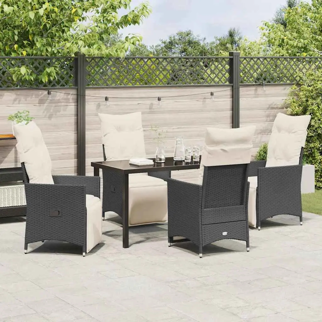 Outdoor Dining Set 5 Piece Black Poly Rattan with Cushions Adjustable Backrests and Tempered Glass Tabletop