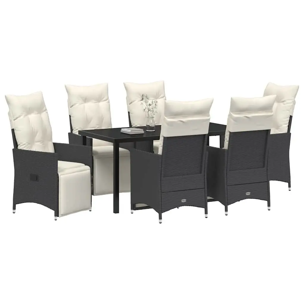 Outdoor Garden Dining Set 7 Piece Black Poly Rattan with Tempered Glass Table and Adjustable Backrests