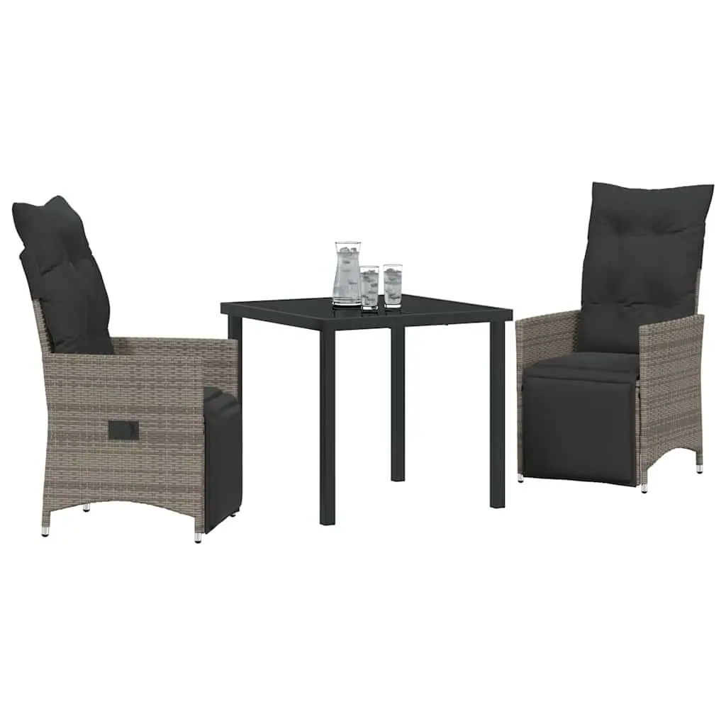 Outdoor Furniture Set 3 Piece Grey Poly Rattan with Cushions and Adjustable Backrests