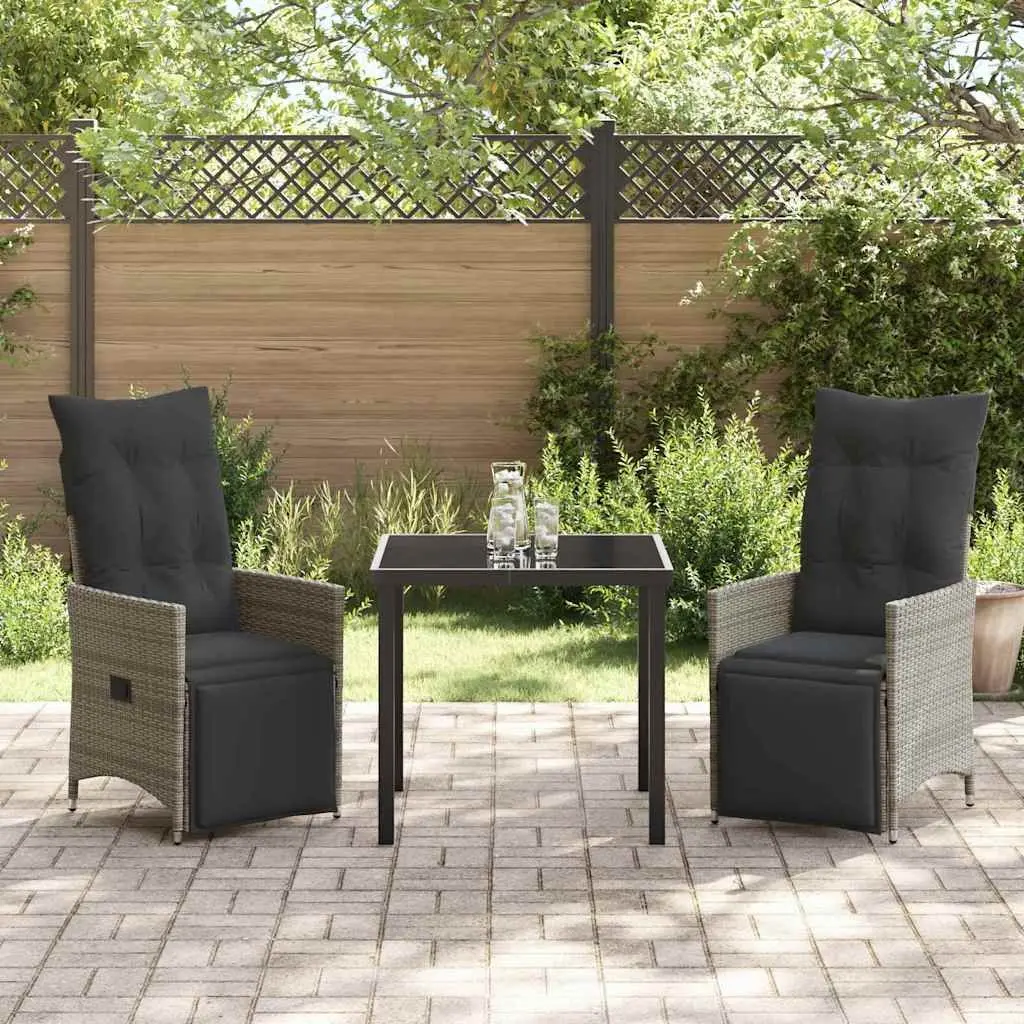 Outdoor Furniture Set 3 Piece Grey Poly Rattan with Cushions and Adjustable Backrests