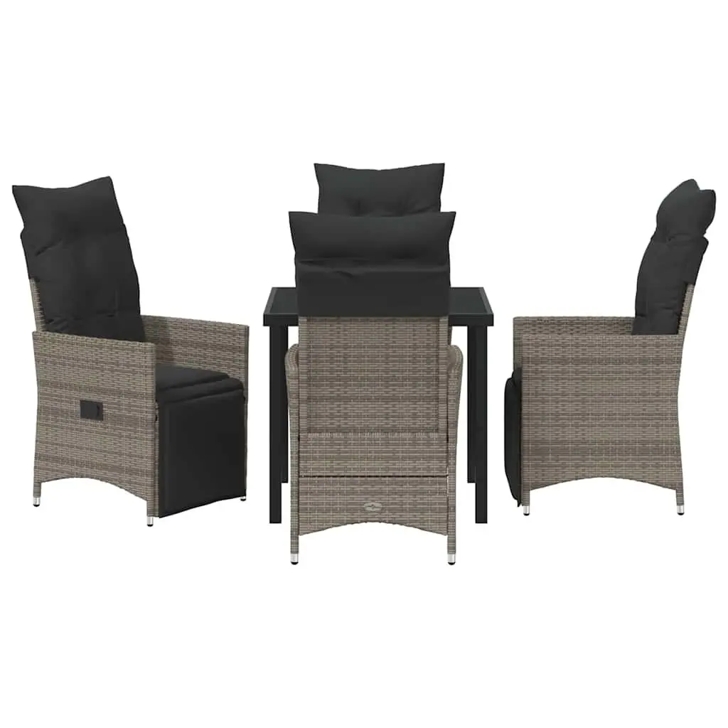 5 Piece Grey Poly Rattan Outdoor Dining Set with Cushions Adjustable Backrests and Tempered Glass Table