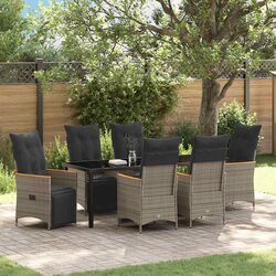 Outdoor Dining Set: 7 Pieces Grey Poly Rattan with Cushions