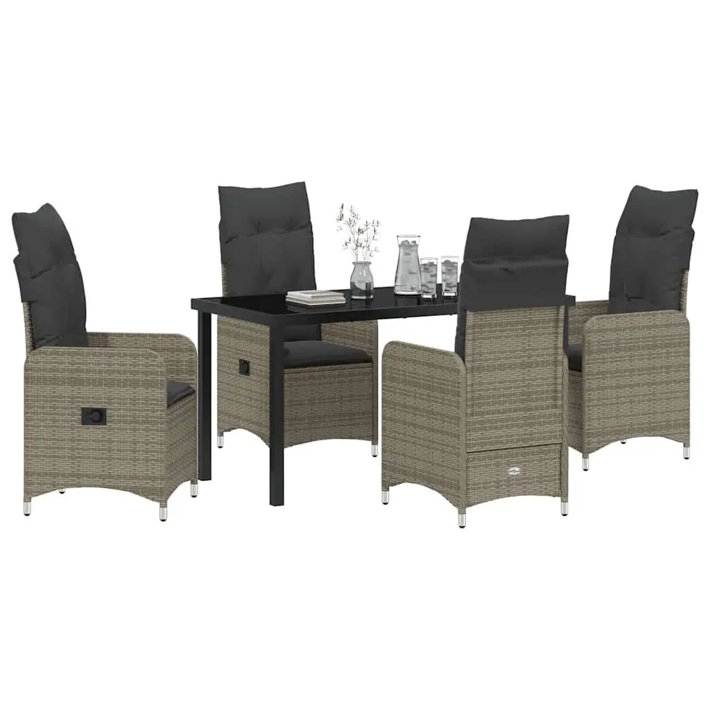 Garden Dining Set 5 Pieces Grey Outdoor Furniture Tempered Glass Table Adjustable Backrest Cushioned Chairs