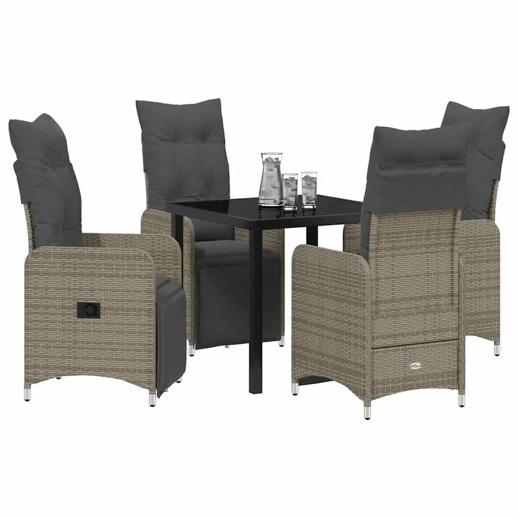 Garden Dining Set 5 Piece Grey Poly Rattan Outdoor Furniture with Powder-coated Steel Frame and Tempered Glass Tabletop