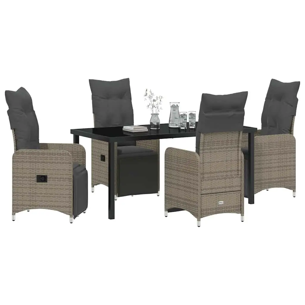 Outdoor Furniture Set 5 Piece Grey Poly Rattan Dining Chairs Table with Tempered Glass Adjustable Backrest