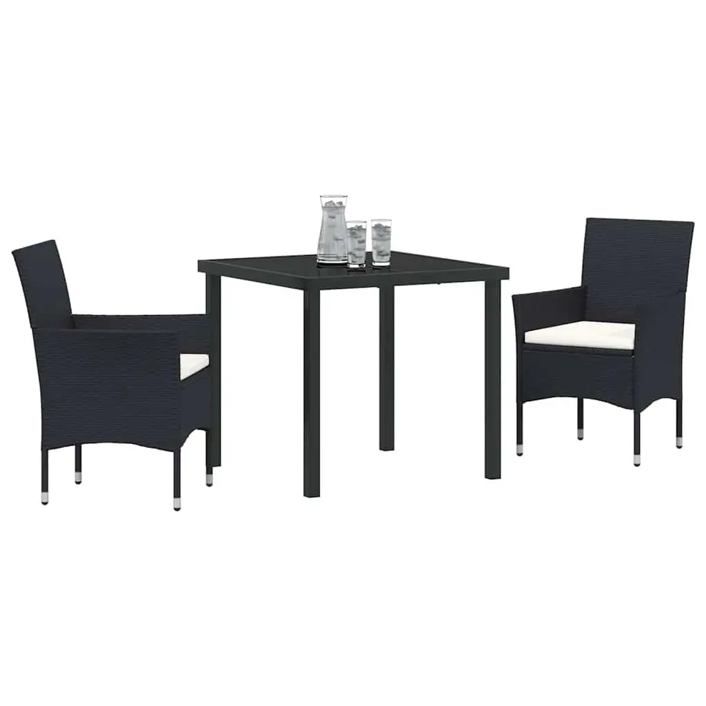 Outdoor Garden Dining Set 3 Piece Black Poly Rattan Chairs Table Cushioned