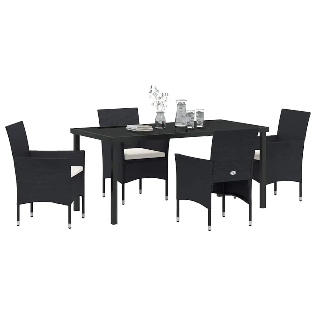 Outdoor Garden Dining Set 5 Piece Black Poly Rattan Chair Table Weather Resistant Cushions