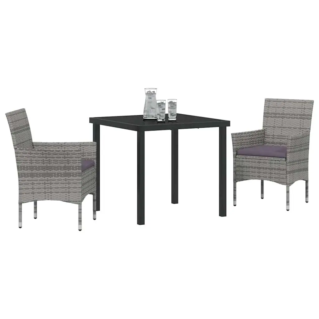 Outdoor Dining Set 3 Piece Grey Poly Rattan with Cushions Powder Coated Steel Frame Tempered Glass Table Ergonomic Support for Garden Patio