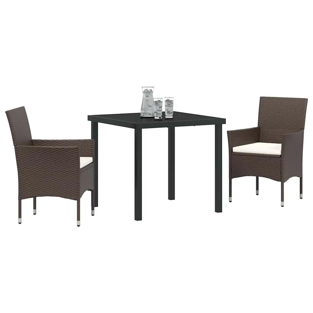 Garden Dining Set 3 Pieces Outdoor Furniture Brown Poly Rattan Tempered Glass Table