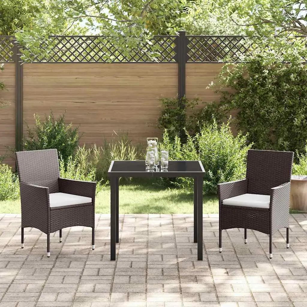 Garden Dining Set 3 Pieces Outdoor Furniture Brown Poly Rattan Tempered Glass Table