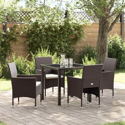 Outdoor Garden Dining Set 5 Pieces Brown Poly Rattan Tempered Glass Table Chairs
