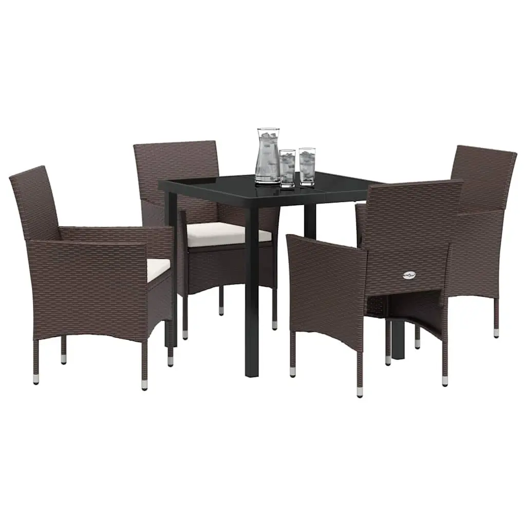 Garden Dining Set 5 Piece Brown Powder Coated Steel Frame Poly Rattan Chairs and Tempered Glass Table