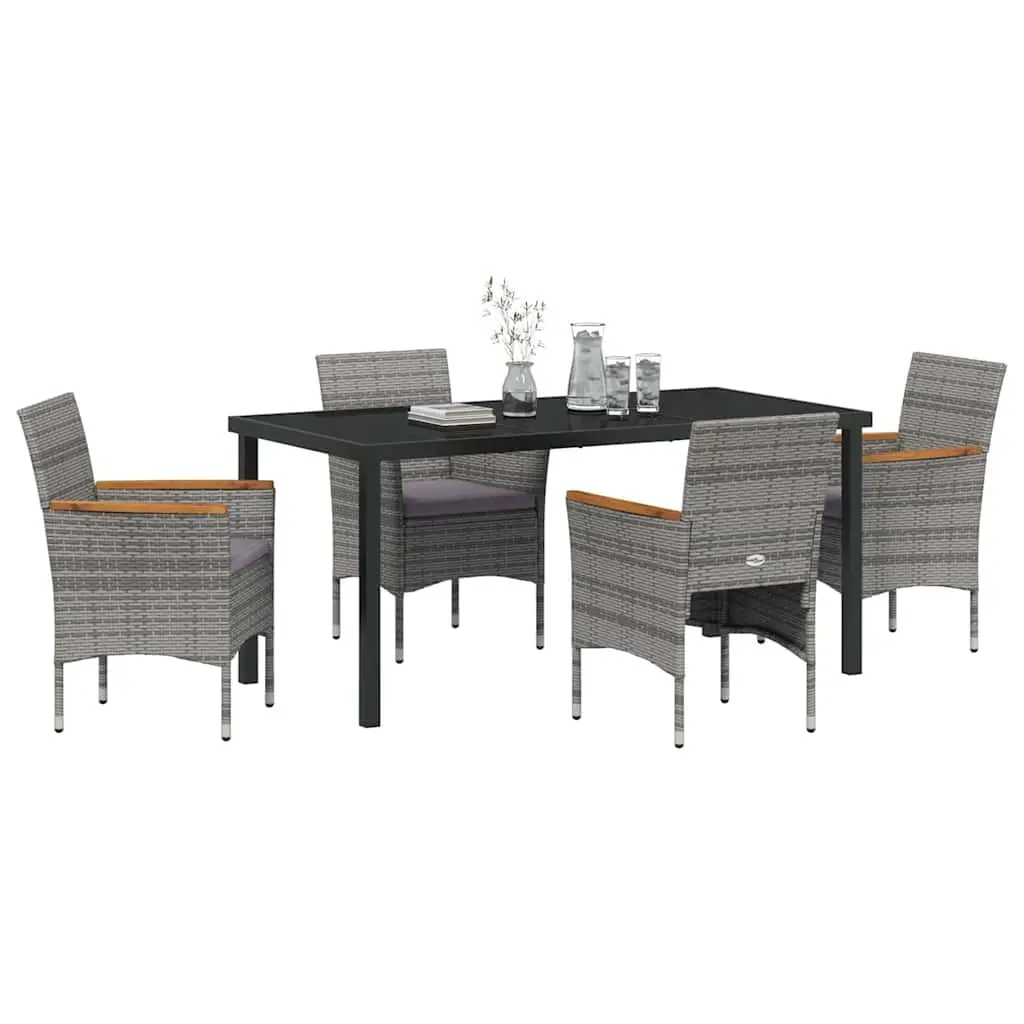 Garden Dining Set 5 Piece Grey Poly Rattan Seating Steel Frame Glass Top Outdoor Furniture