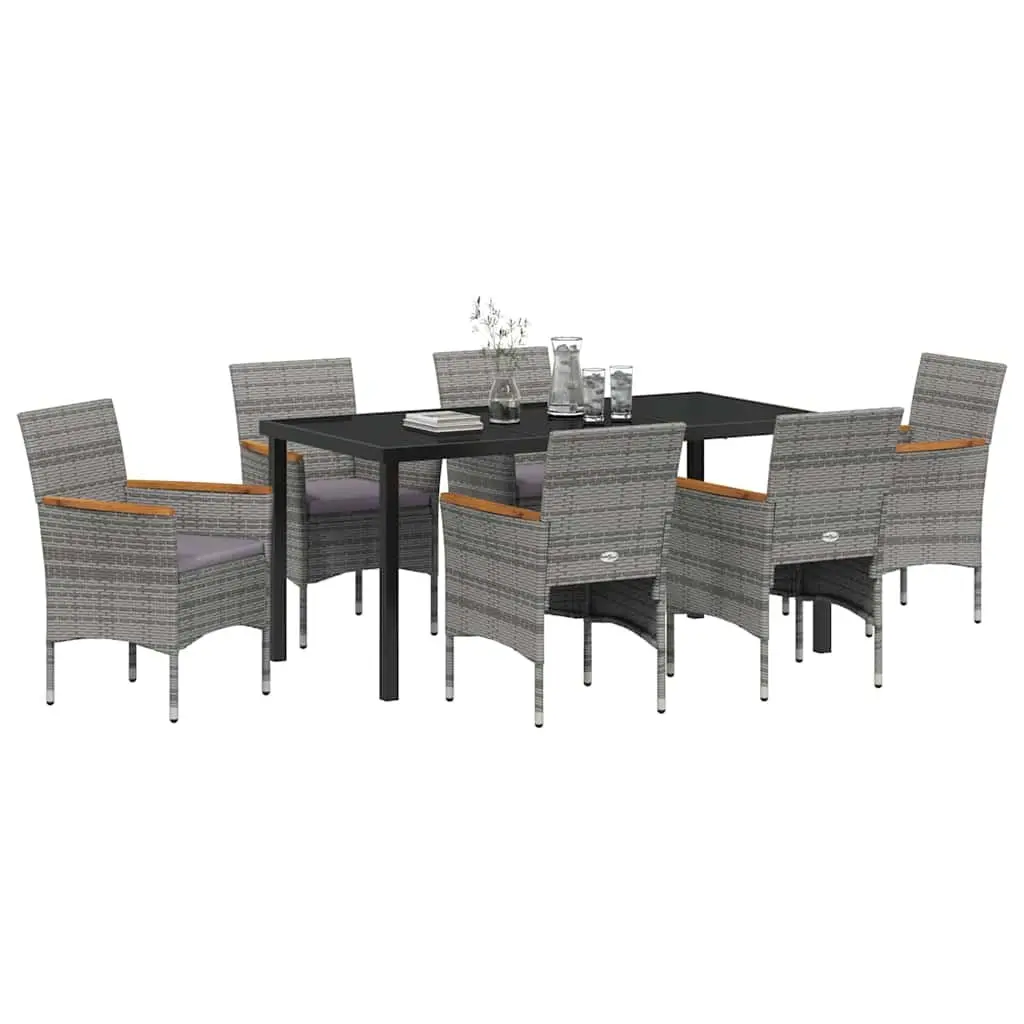 Garden Dining Set 7 Piece Grey Poly Rattan Outdoor Furniture with Glass Tabletop and Steel Frame