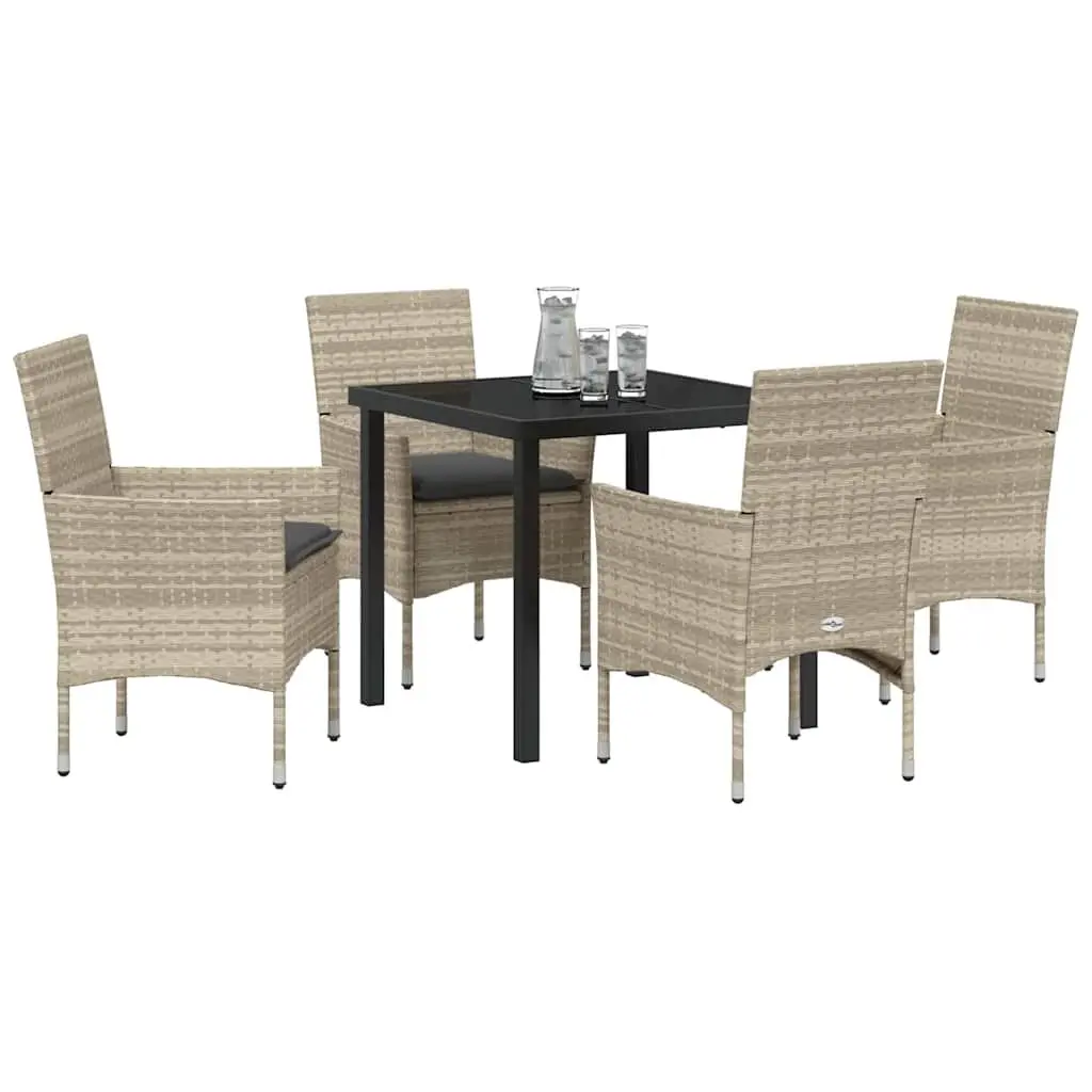 Garden Dining Set 5 Piece Light Grey Poly Rattan Frame with Tempered Glass Top and Cushions
