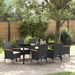 Outdoor Garden Dining Set 7 Piece Black Poly Rattan with Cushions Glass Table