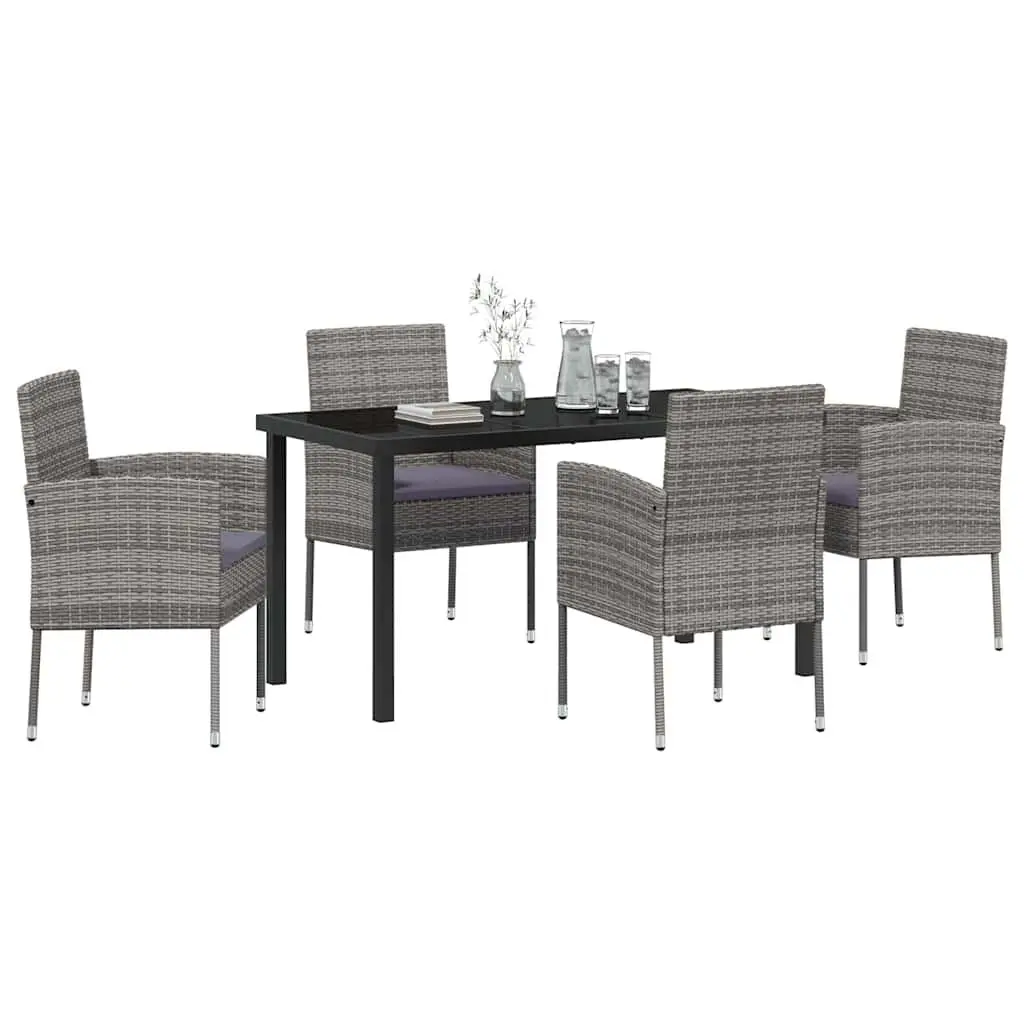 Garden Dining Set 5 Pieces Grey Poly Rattan Table with Black Tempered Glass Top and Cushioned Chairs for Outdoor Spaces