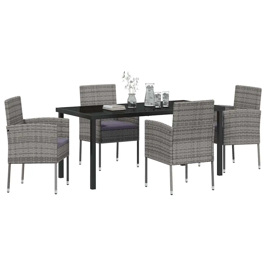 Outdoor Dining Set 5 Piece Grey Poly Rattan with Cushions Includes Glass Top Table and Four Chairs