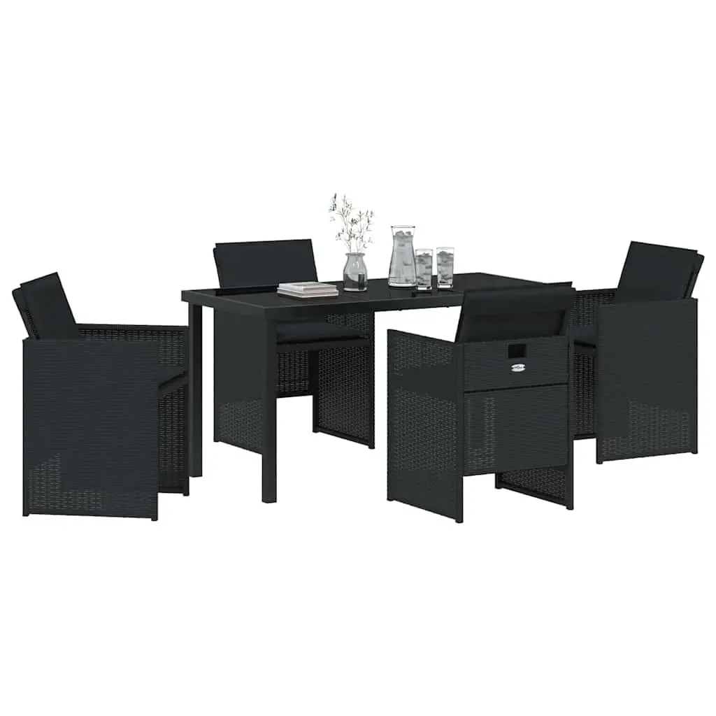 Garden Dining Set 5 Piece Outdoor Furniture Table with Tempered Glass Top and Poly Rattan Chairs Black