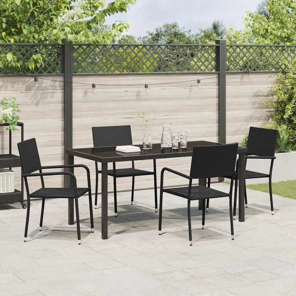 Outdoor Dining Set 5 Piece Lightweight UV Resistant Black Poly Rattan Furniture with Cushions and Tempered Glass Top