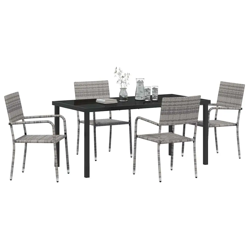 Outdoor Dining Set 5 Pieces Grey Poly Rattan Garden Furniture Tempered Glass Top