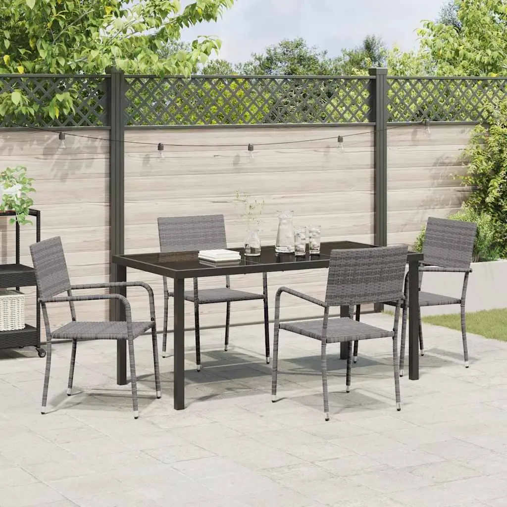 Outdoor Dining Set 5 Pieces Grey Poly Rattan Garden Furniture Tempered Glass Top
