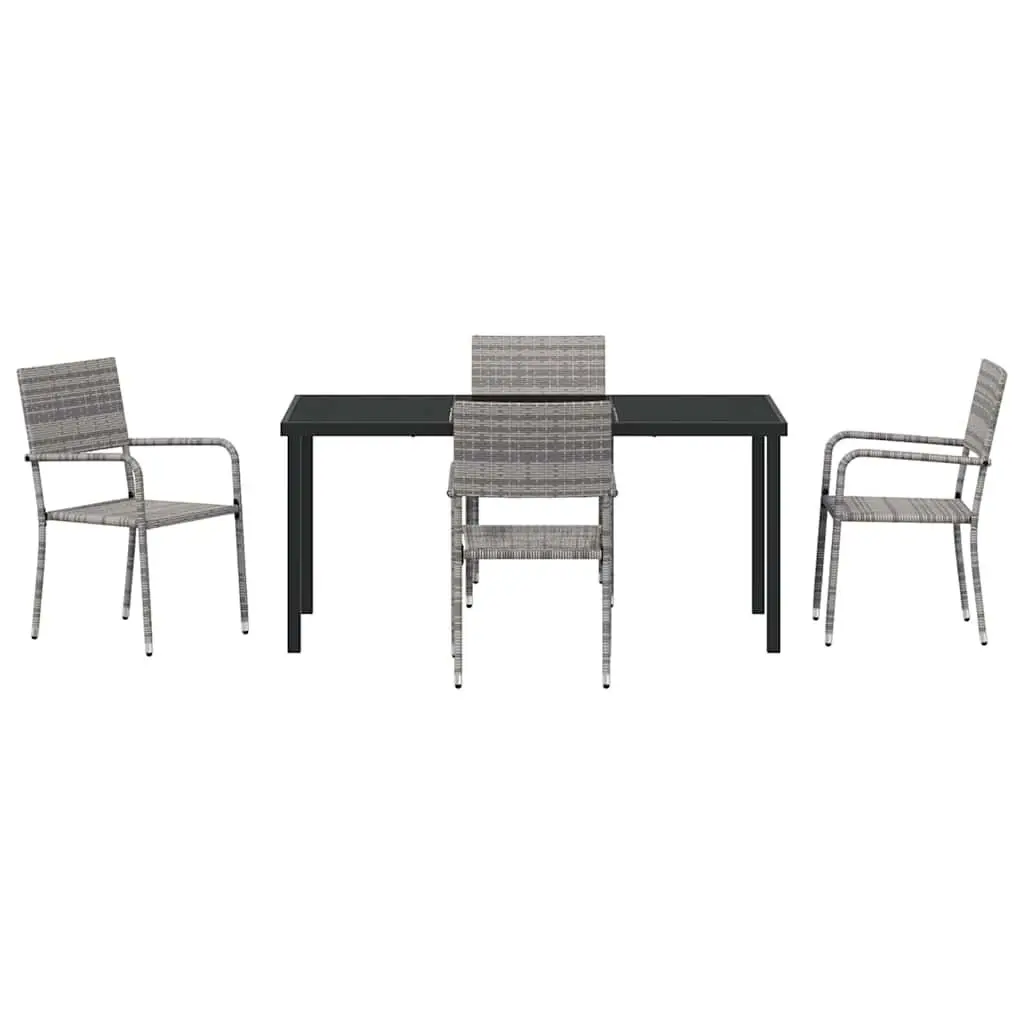Outdoor Dining Set 5 Pieces Grey Poly Rattan Garden Furniture Tempered Glass Top