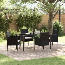 Outdoor Garden Dining Set 5 Pieces Black Poly Rattan Glass Top Table Chairs