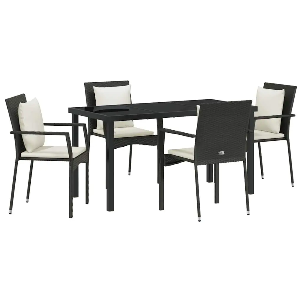 Outdoor Dining Set 5 Piece Garden Furniture Black Poly Rattan Tempered Glass Top