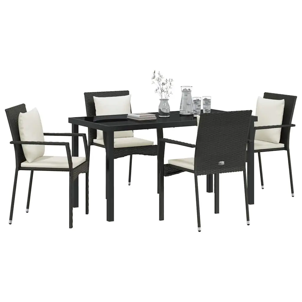 Outdoor Dining Set 5 Piece Garden Furniture Black Poly Rattan Tempered Glass Top