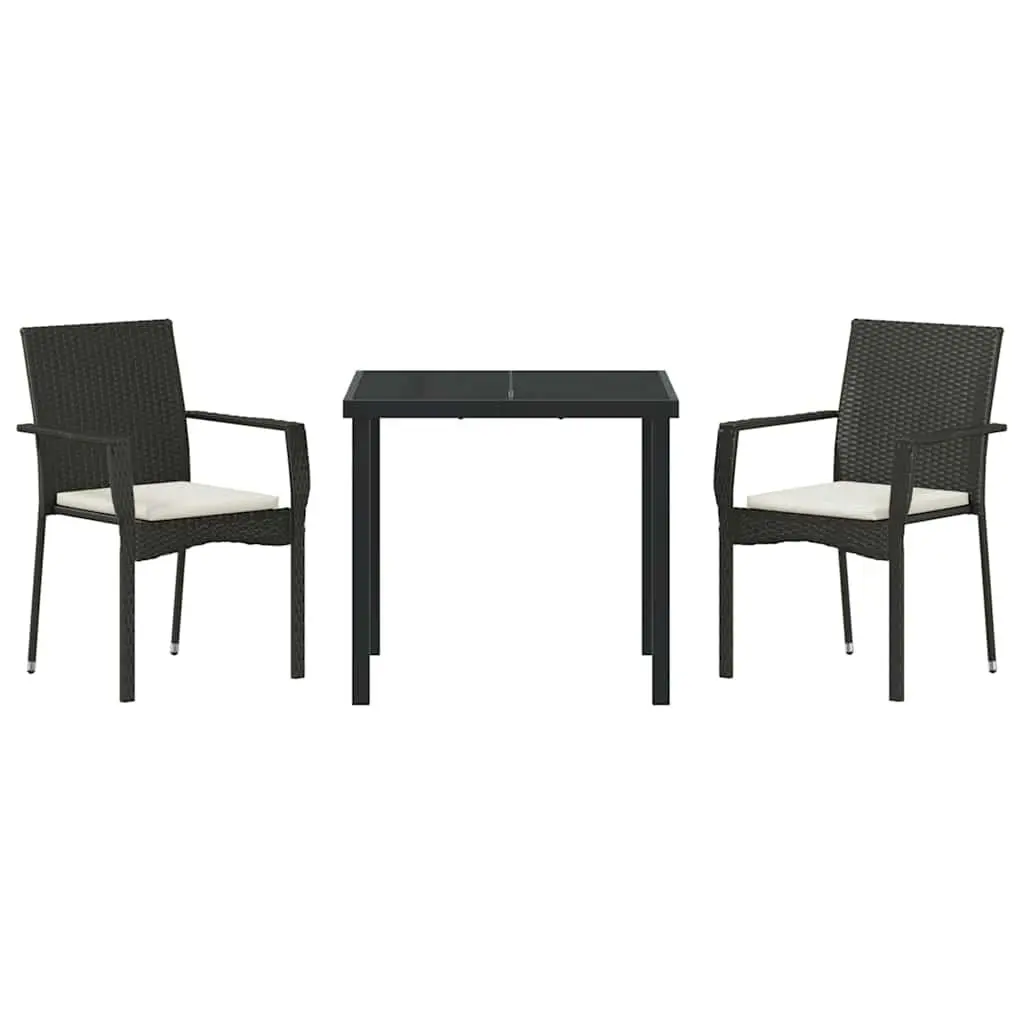 Garden Dining Set 3 Pieces Black Poly Rattan Outdoor Furniture with Tempered Glass Tabletop and Weatherproof Cushions