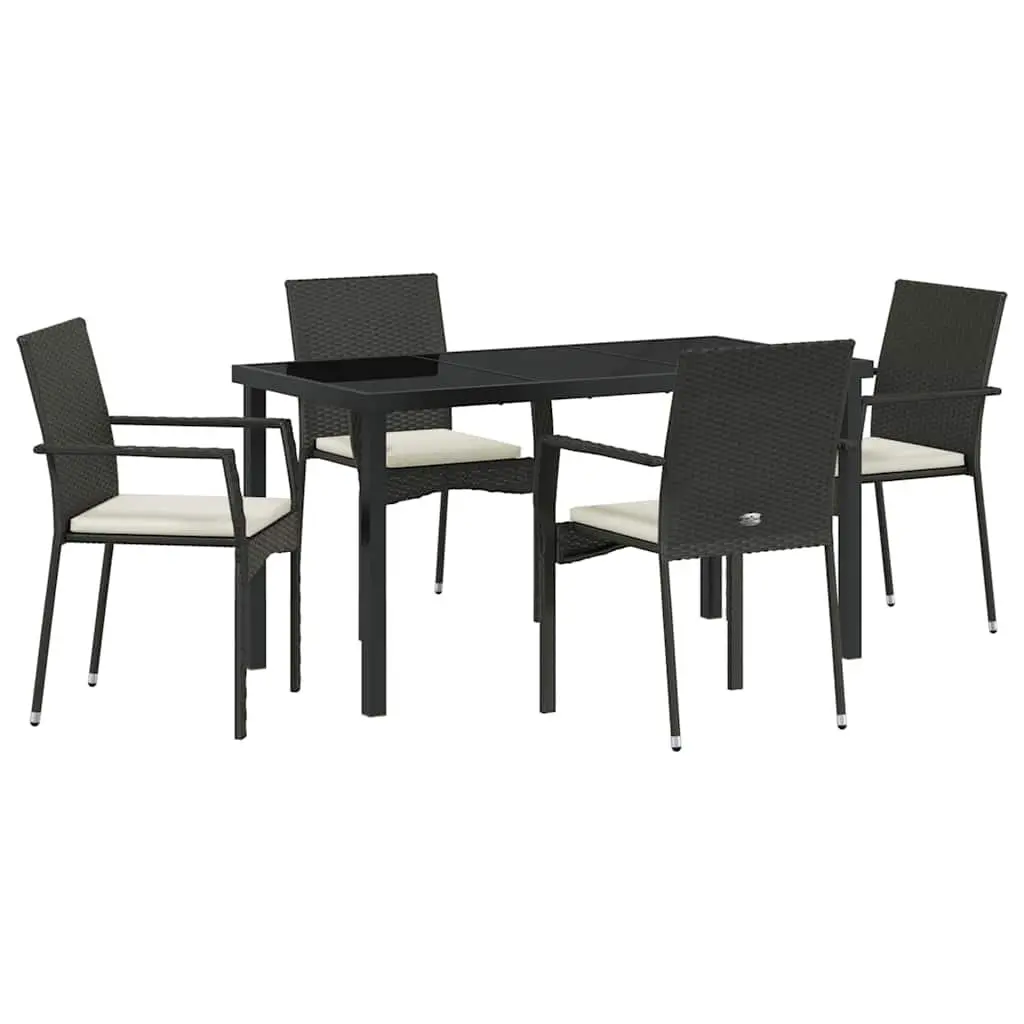 Outdoor Dining Set 5 Piece Garden Furniture Tempered Glass Table Poly Rattan Chairs with Weatherproof Cushions