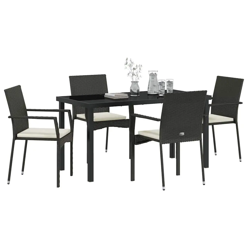 Outdoor Dining Set 5 Piece Garden Furniture Tempered Glass Table Poly Rattan Chairs with Weatherproof Cushions