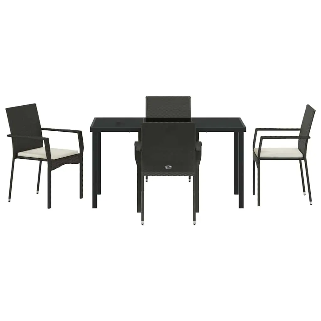 Outdoor Dining Set 5 Piece Garden Furniture Tempered Glass Table Poly Rattan Chairs with Weatherproof Cushions