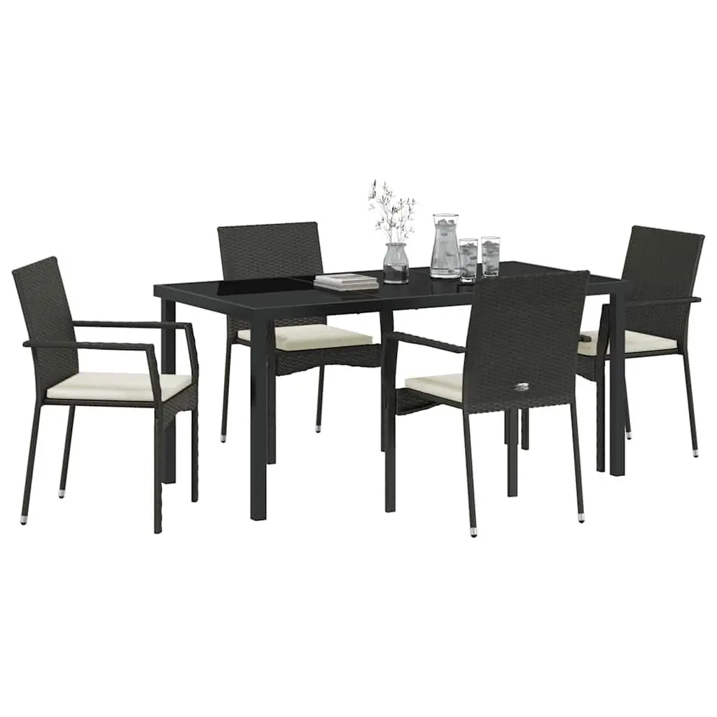 Garden Dining Set 5 Piece Black Outdoor Furniture Table with Tempered Glass Top and Weatherproof Cushions