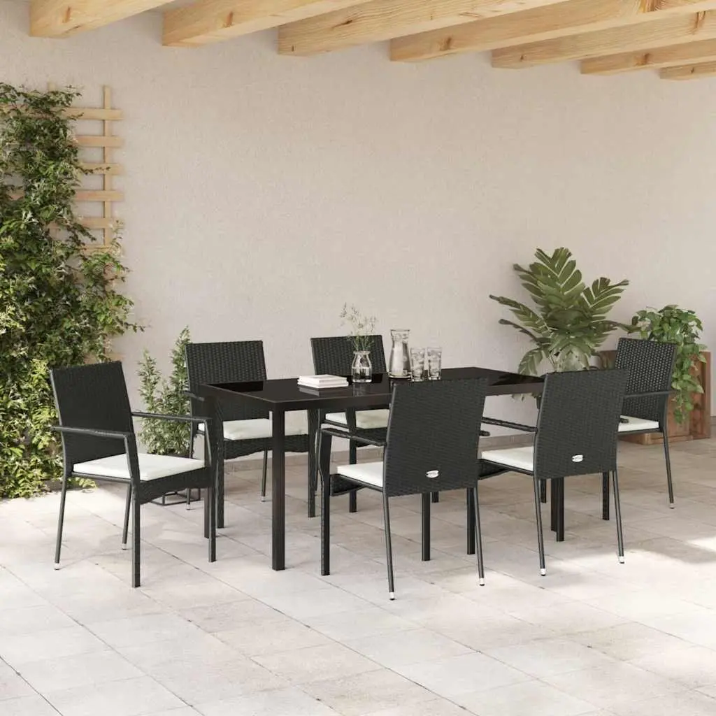 Outdoor Garden Dining Set 7 Pieces Black Poly Rattan Tempered Glass Table with Cushioned Chairs