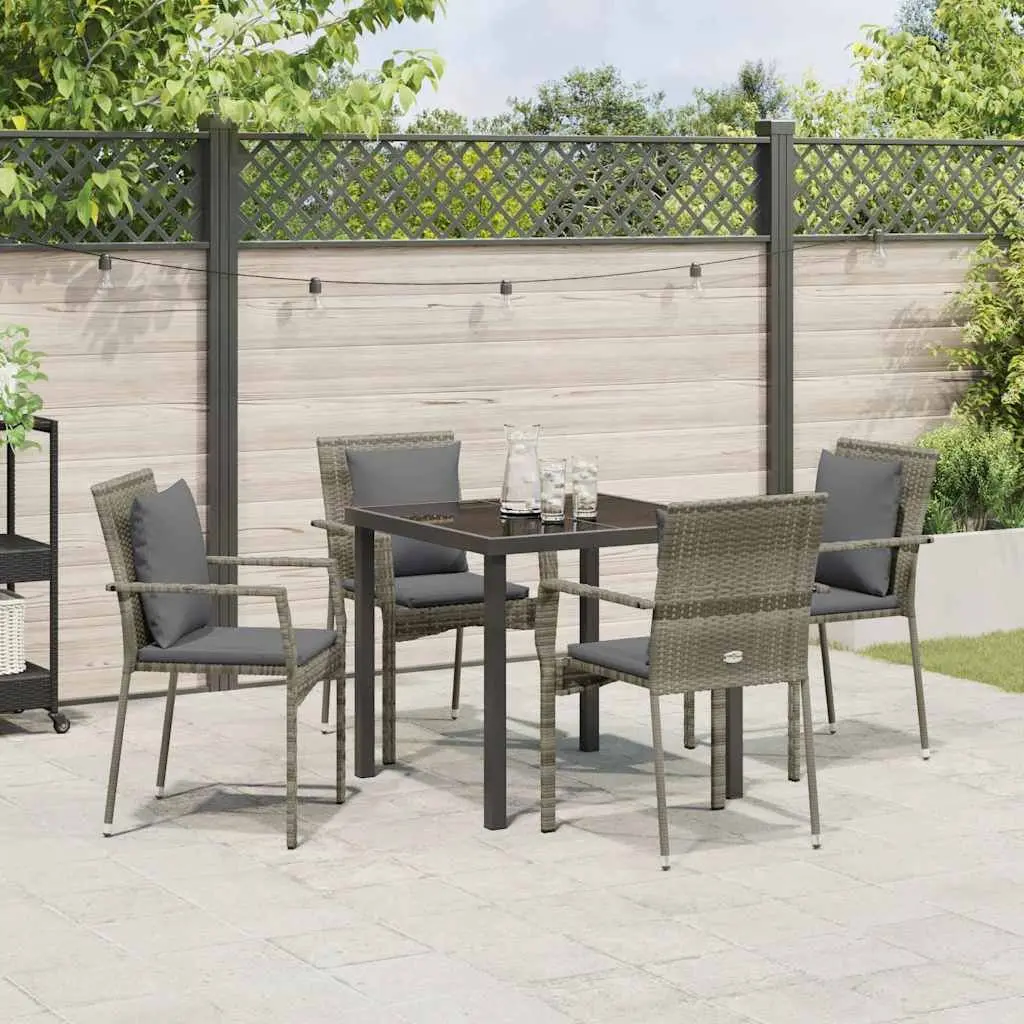 Outdoor Garden Dining Set 5 Piece Grey Poly Rattan Tempered Glass Table and Chairs