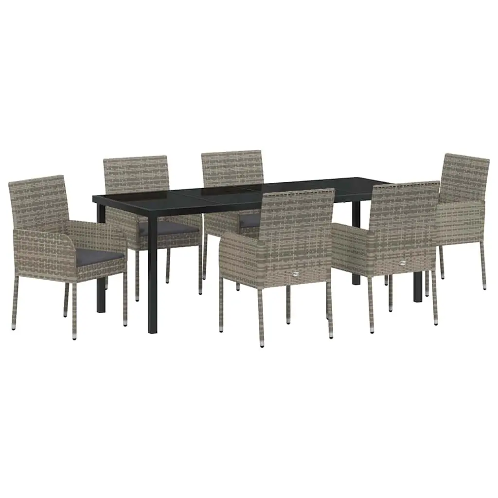 7 Piece Outdoor Dining Set Grey Woven Poly Rattan Furniture with Cushioned Seats and Tempered Glass Table