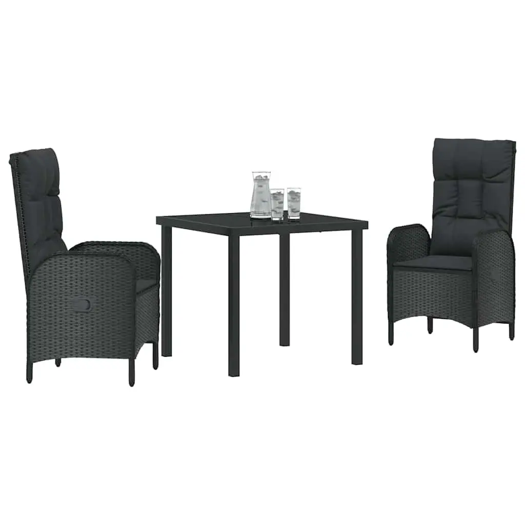 Outdoor Dining Set 3 Piece Black Poly Rattan Cushioned Patio Furniture