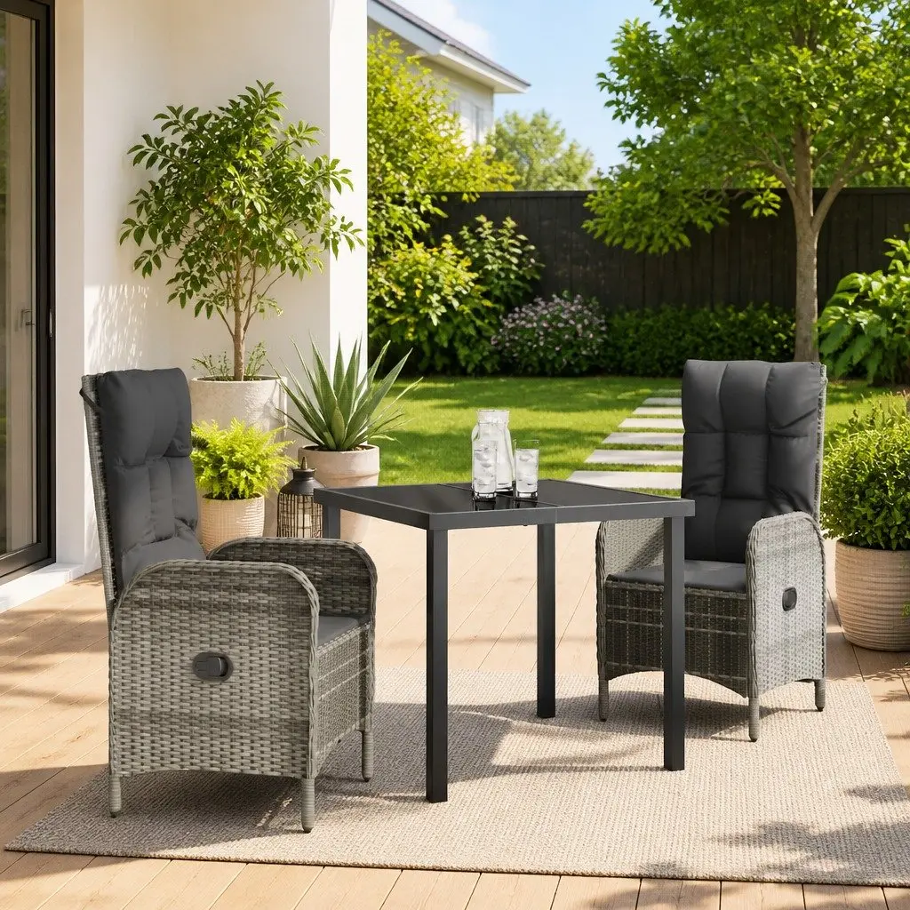 Garden Dining Set 3 Piece Grey Poly Rattan Outdoor Furniture with Cushions