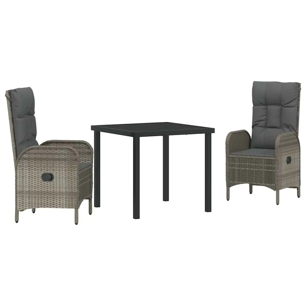 Garden Dining Set 3 Piece Grey Poly Rattan Outdoor Furniture with Cushions