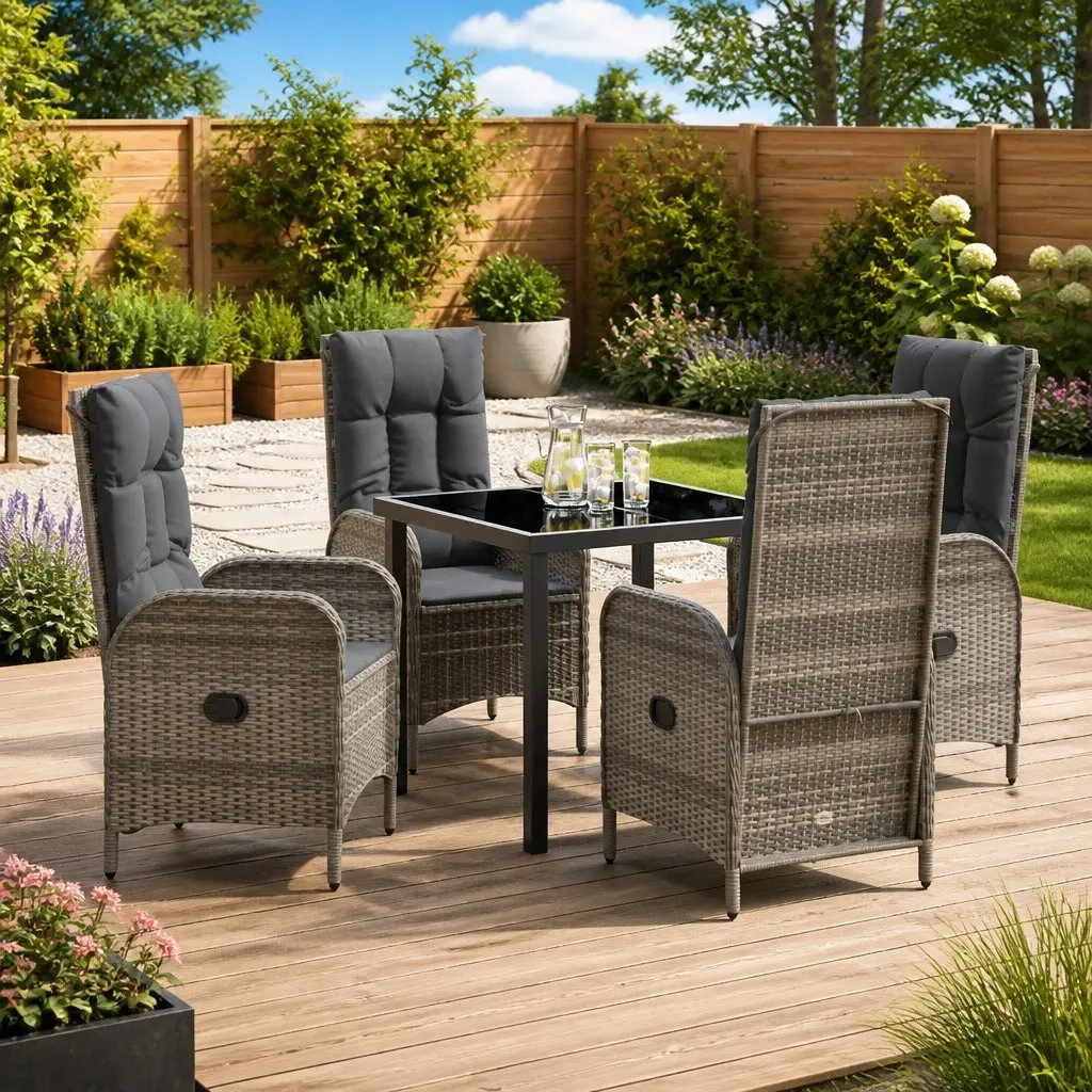 Garden Dining Set 5 Pieces Grey Poly Rattan Outdoor Patio Furniture with Cushioned Seats and Tempered Glass Top