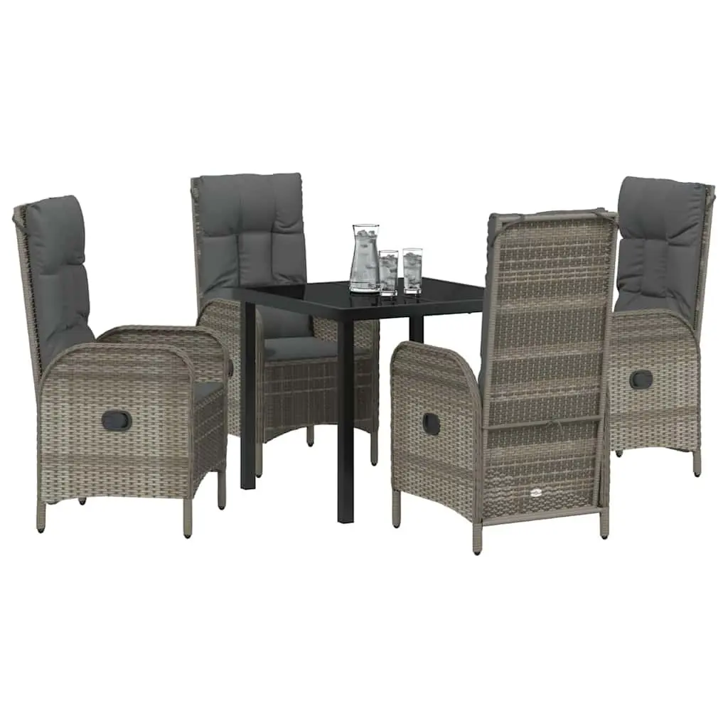 Garden Dining Set 5 Pieces Grey Poly Rattan Outdoor Patio Furniture with Cushioned Seats and Tempered Glass Top