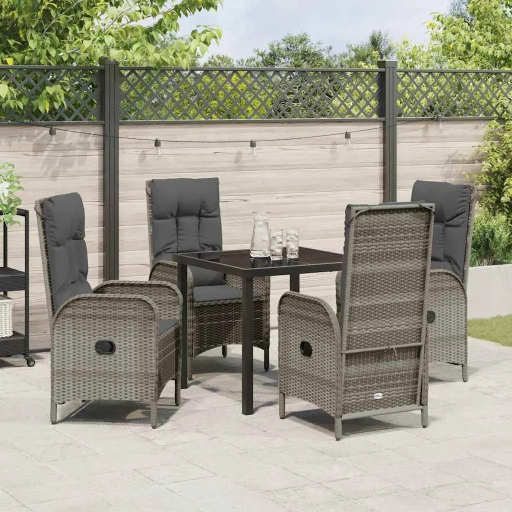 Garden Dining Set 5 Pieces Grey Poly Rattan Outdoor Patio Furniture with Cushioned Seats and Tempered Glass Top